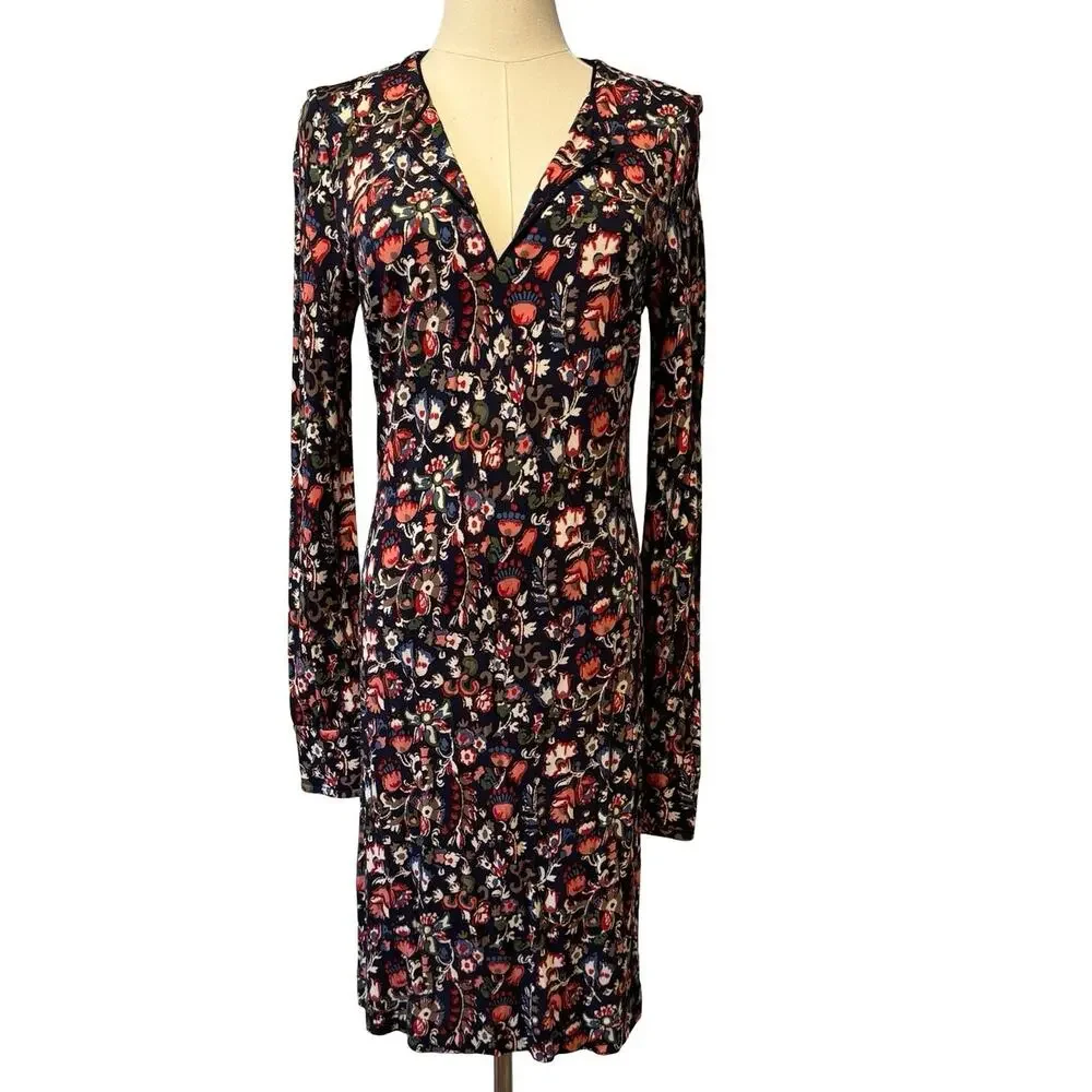 Tory Burch Navy Floral Shift Dress Long Sleeve Keyhole Neck Rayon Size small